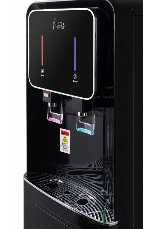 Czarny dystrybutor wody Eco Tronic z podświetleniem LED wskazującym temperaturę wody (czerwony - gorąca, niebieski - zimna) i ostrzeżeniem o gorącej wodzie.