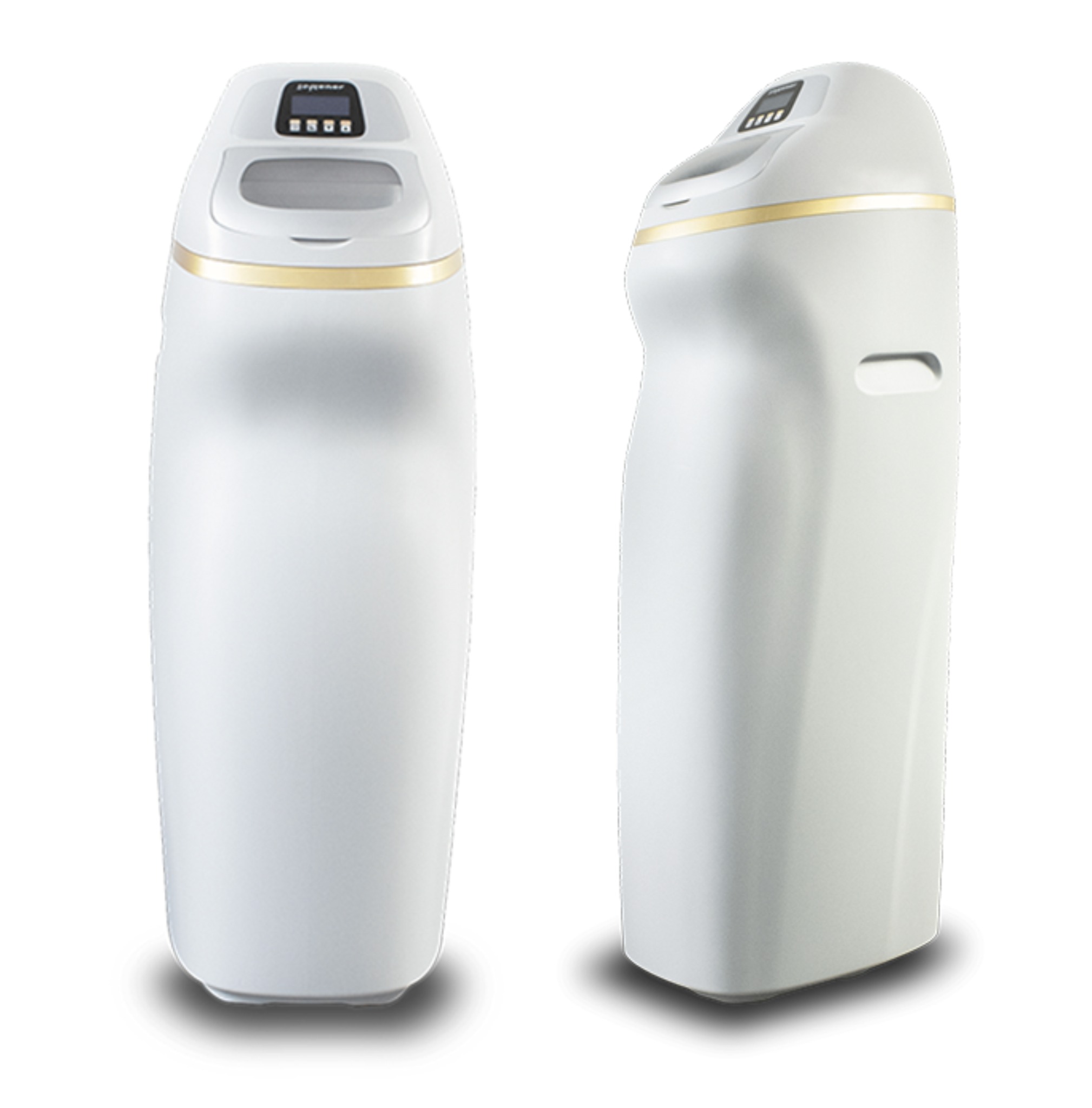 Dwa ujęcia białego zmiękczacza wody z wyświetlaczem i złotym paskiem, na białym tle z cieniem.