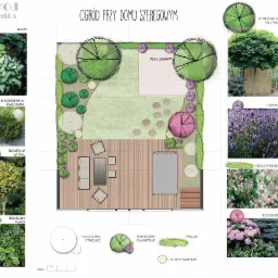Plan zagospodarowania ogrodu przy domu szeregowym, z uwzględnieniem placu zabaw, tarasu z meblami ogrodowymi, nasadzeń istniejących i planowanych, w tym hosty, kosodrzewiny karłowatej, trzmieliny...