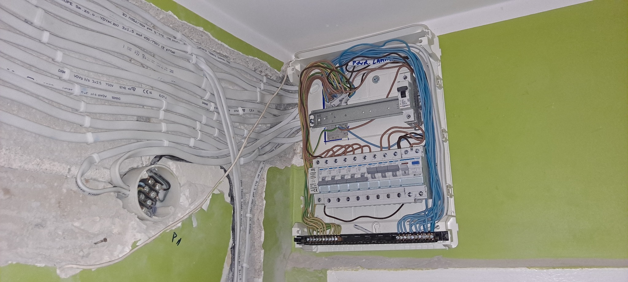 Rozdzielnica elektryczna z licznymi przewodami wchodzącymi do niej, widoczne zabezpieczenia i listwy zaciskowe, ściana w kolorze jasnozielonym w tle, instalacja w trakcie montażu.