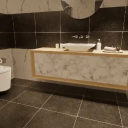 Nowoczesna łazienka z marmurowymi płytkami, podwieszaną szafką z umywalką, okrągłym lustrem i grzejnikiem drabinkowym.