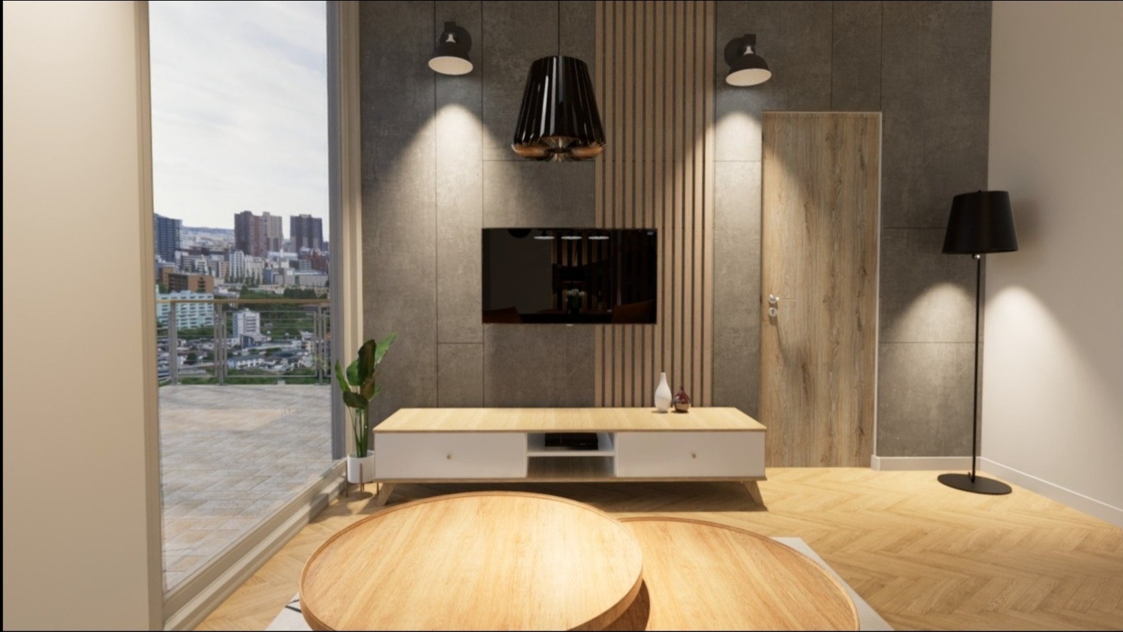 Nowoczesny salon z widokiem na miasto, drewniany stolik kawowy, szafka RTV z białymi frontami, telewizor na szarej ścianie, czarna lampa podłogowa i wisząca, parkiet w jodełkę.