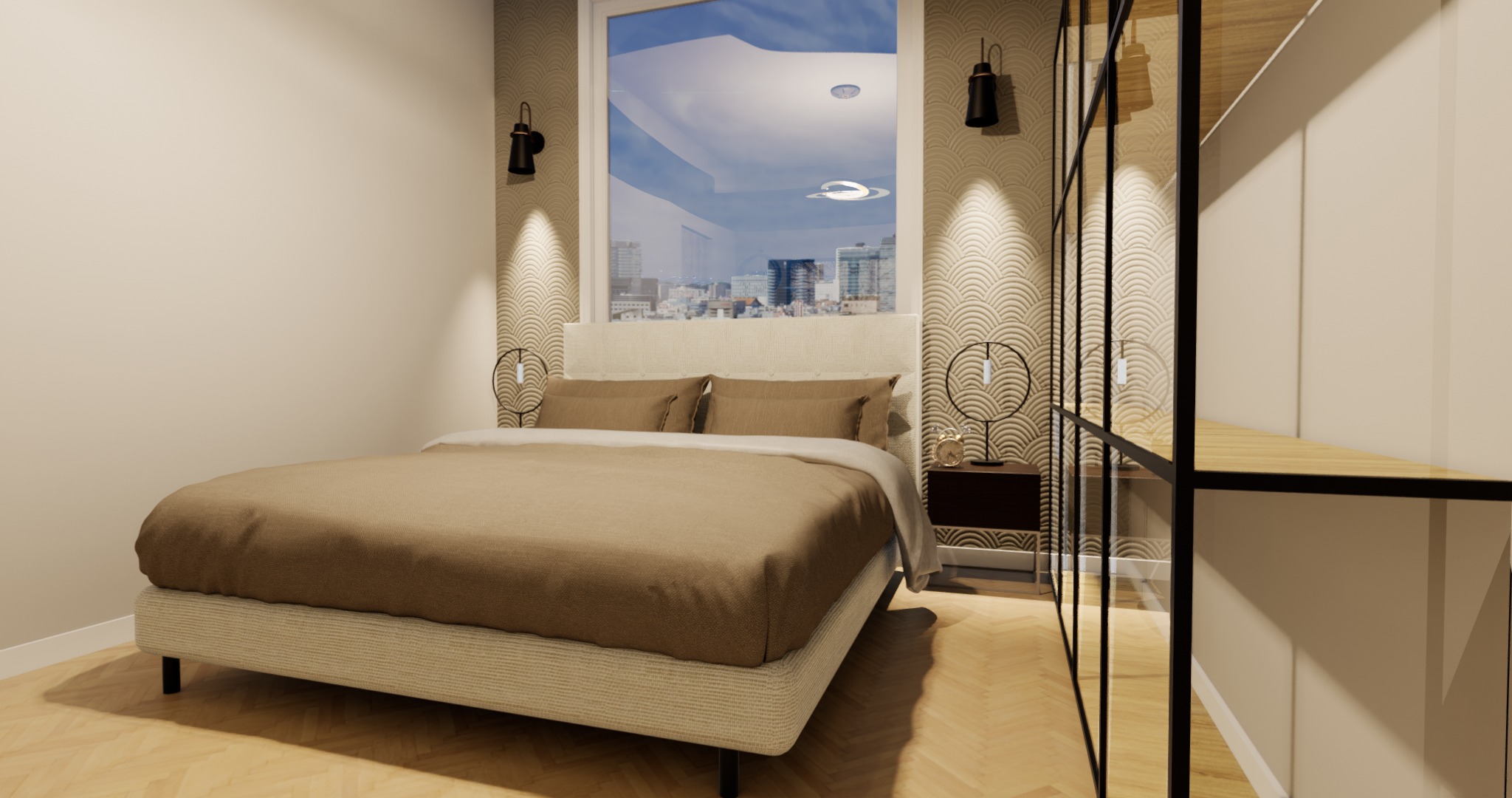 Wizualizacja sypialni z dużym oknem, łóżkiem z beżową pościelą, wzorzystą tapetą i modernistycznymi lampkami nocnymi, widok na miasto w tle.