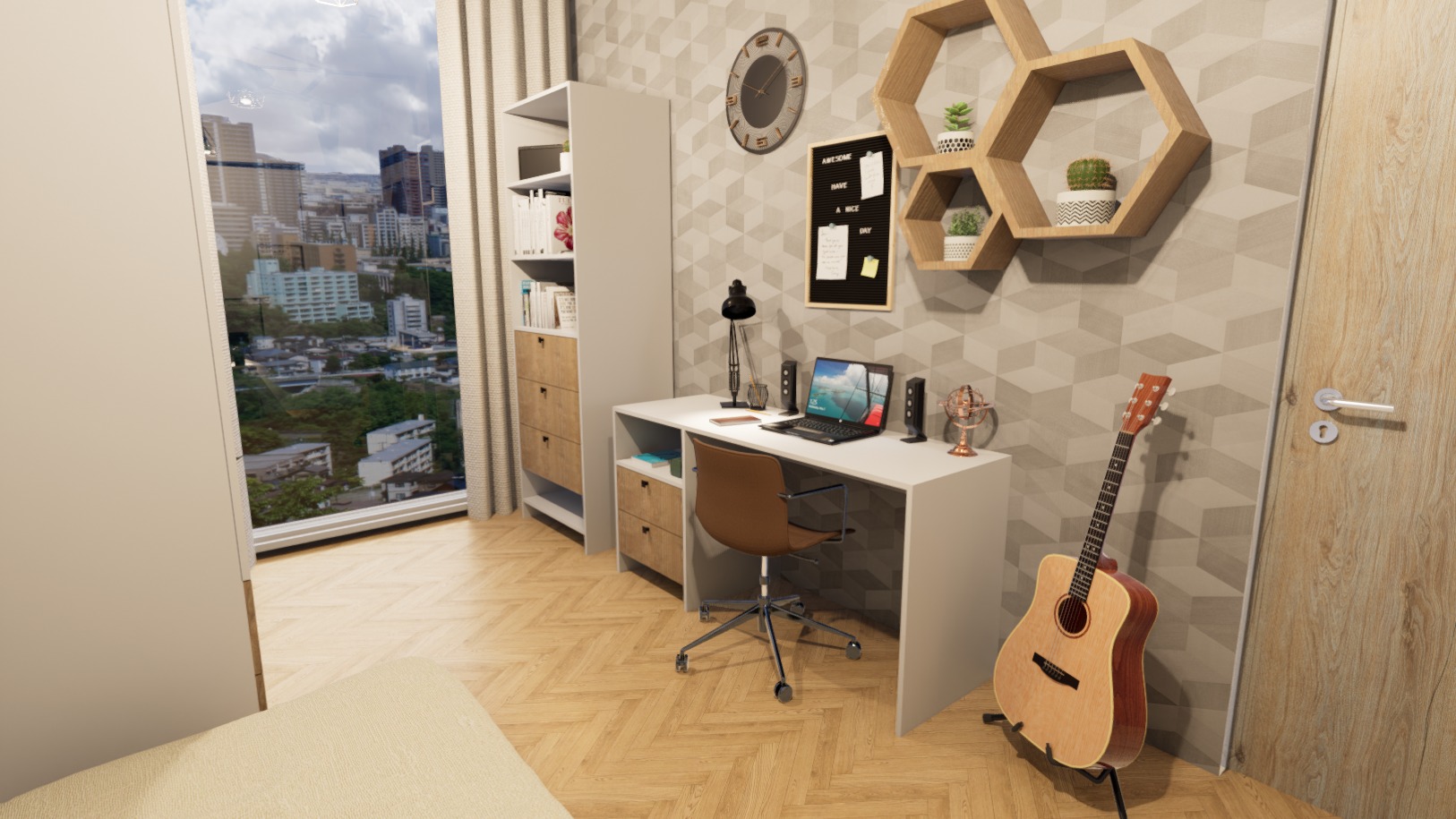 Wizualizacja pokoju do pracy w Kalwarii Zebrzydowskiej z biurkiem, krzesłem obrotowym, regałem, gitarą akustyczną opartą o ścianę i widokiem na miasto za oknem.