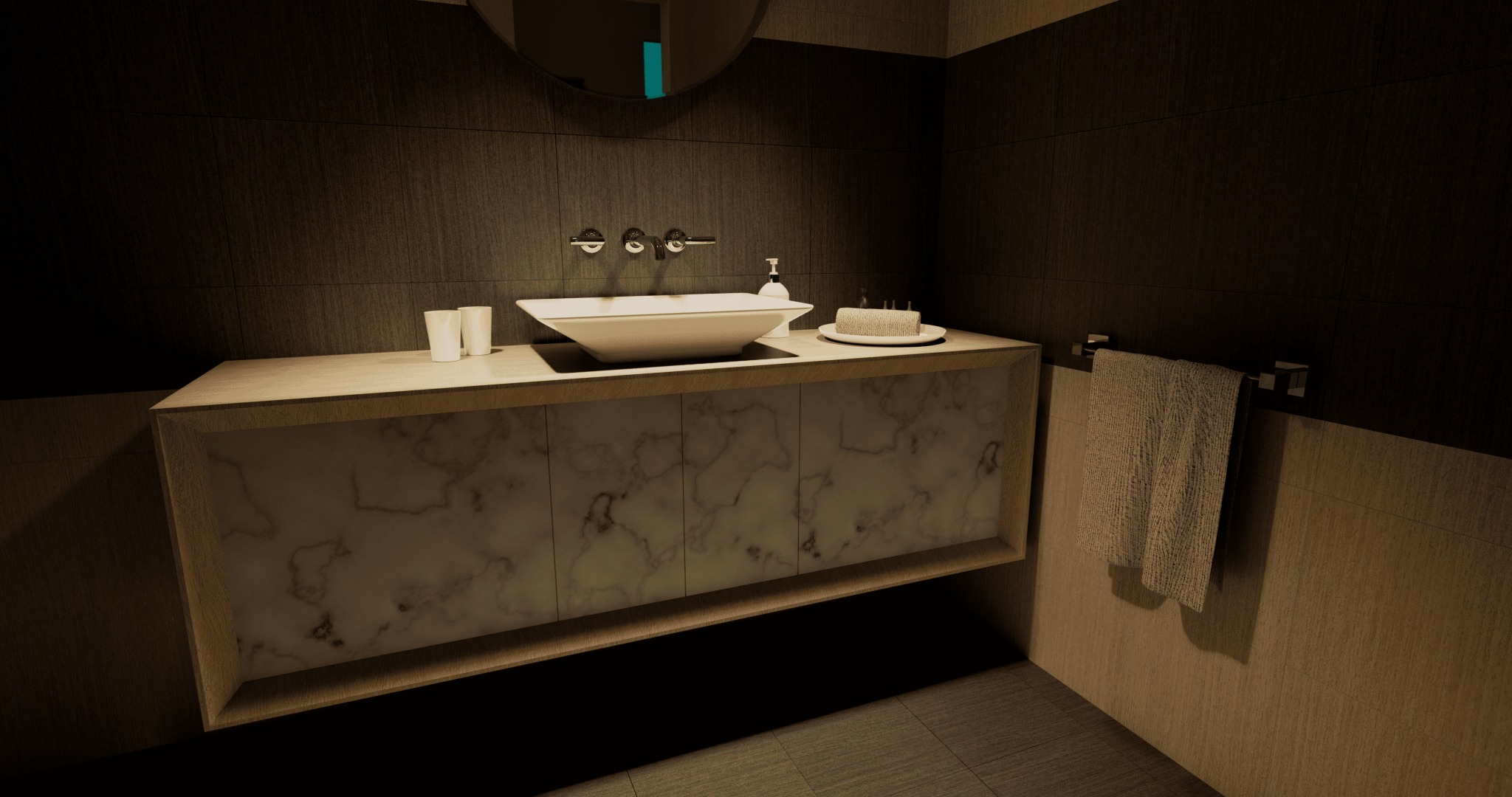 Nowoczesna łazienka z umywalką nablatową, marmurową szafką pod umywalką, ręcznikiem na relingu i okrągłym lustrem z podświetleniem.