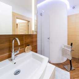 Marek Waszczuk - Nowoczesna łazienka z chromowaną armaturą, drewnopodobnymi płytkami ściennymi i podłogowymi, oraz kabiną prysznicową z podświetlanym sufitem.