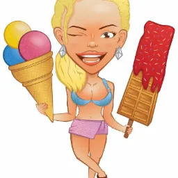 Karykatura kobiety w bikini, trzymającej lody w rożku z trzema kulkami i gofra na patyku polanego czerwonym lukrem z posypką, mrugająca okiem.