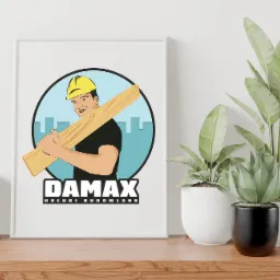 Ilustracja w ramce przedstawiająca uśmiechniętego budowlańca w kasku niosącego deskę na tle panoramy miasta, z nazwą firmy 'DAMAX Usługi Budowlane'