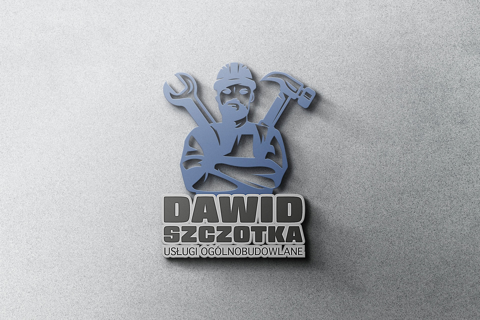 Grafika przedstawia logo firmy budowlanej: sylwetka robotnika w kasku z kluczem i młotkiem na tle nazwy 'Dawid Szczotka Usługi Ogólnobudowlane'.