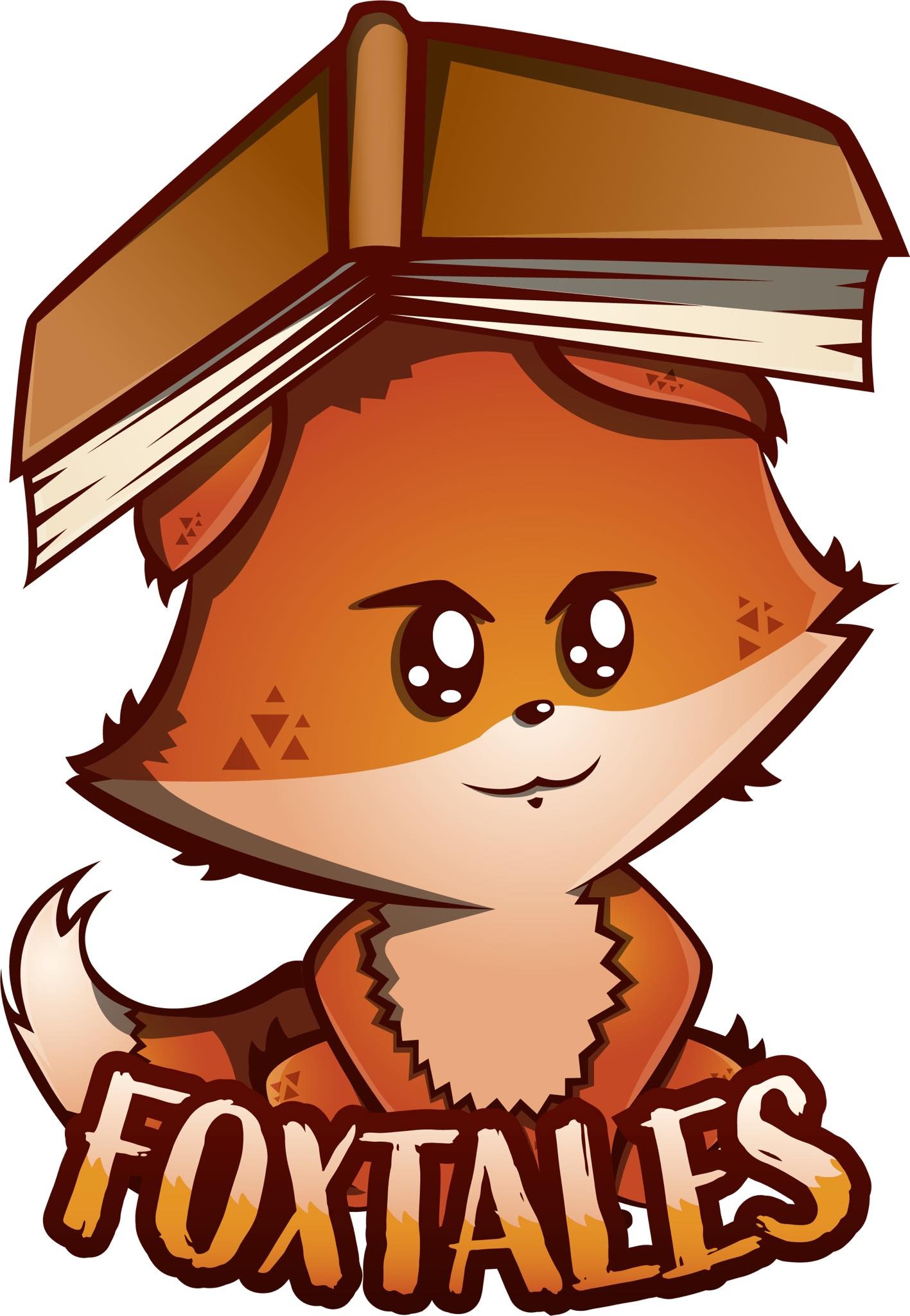 Kreskówkowy lis z otwartą książką na głowie, napis 'FOXTALES' w dolnej części obrazu.