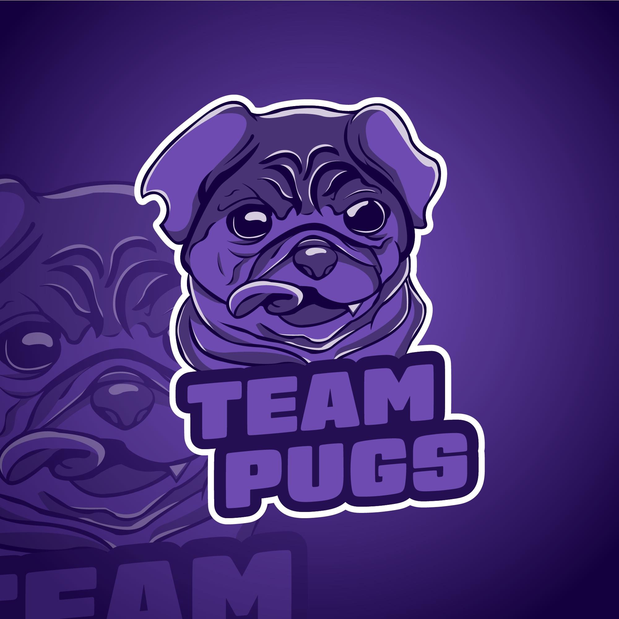 Fioletowy, kreskówkowy wizerunek buldoga mopsa z wyciągniętym językiem, umieszczony nad tekstem 'TEAM PUGS', na fioletowym tle z powtórzonym, rozmytym wizerunkiem mopsa.