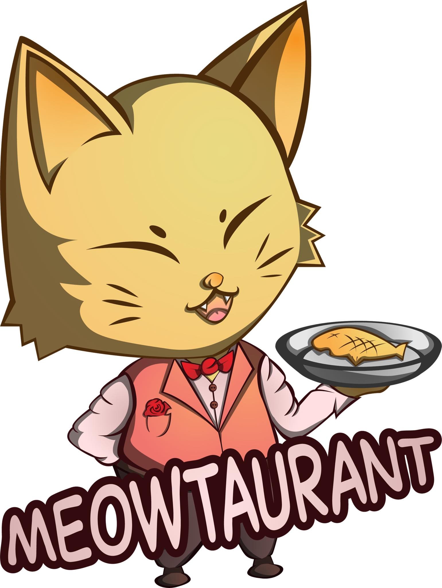 Kreskówkowy kot-kelner w różowej kamizelce i muszce, trzymający talerz z rybą, pod nim napis 'MEOWTAURANT'.