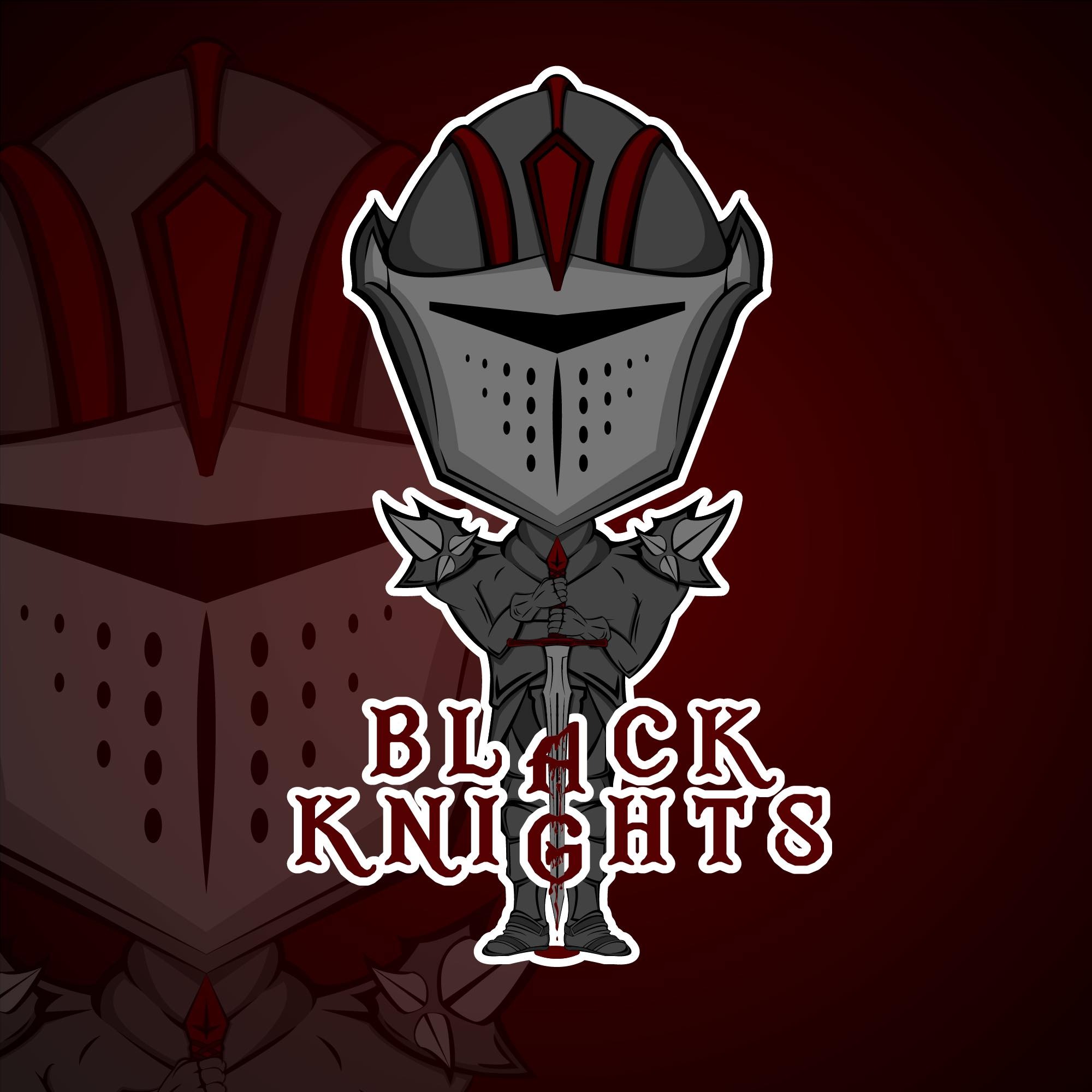 Grafika wektorowa przedstawia stylizowanego rycerza w czarnej zbroi z czerwonymi akcentami, trzymającego miecz, na tle bordowym z gradientem. Napis 'BLACK KNIGHTS' u dołu.