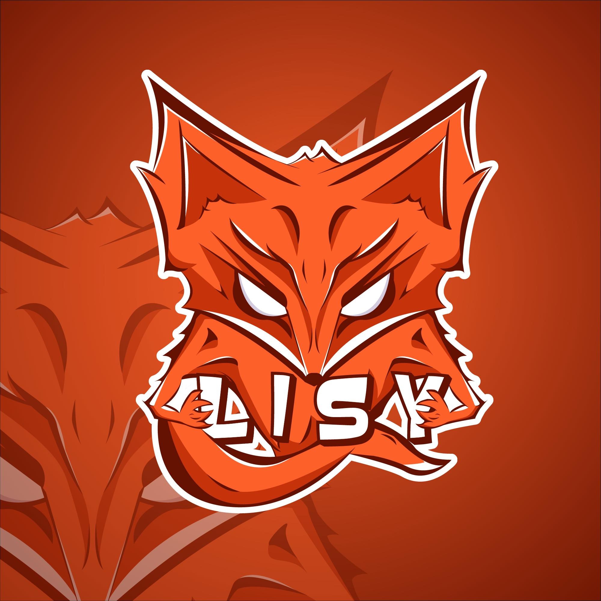 Pomarańczowy, agresywny lis z białymi konturami, z zębami trzymający biały napis 'AISAK', na jednolitym pomarańczowym tle z delikatnym wzorem lisa.