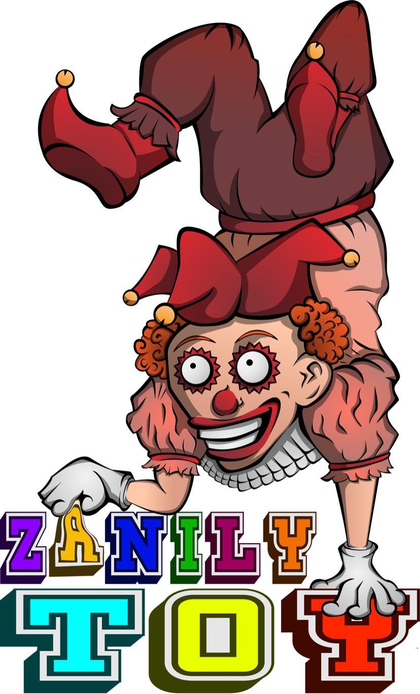 Karykaturalny, kolorowy wizerunek klauna stojącego na rękach z napisem 'Zanily Toy' poniżej, prawdopodobnie element identyfikacji wizualnej firmy z Poznania.