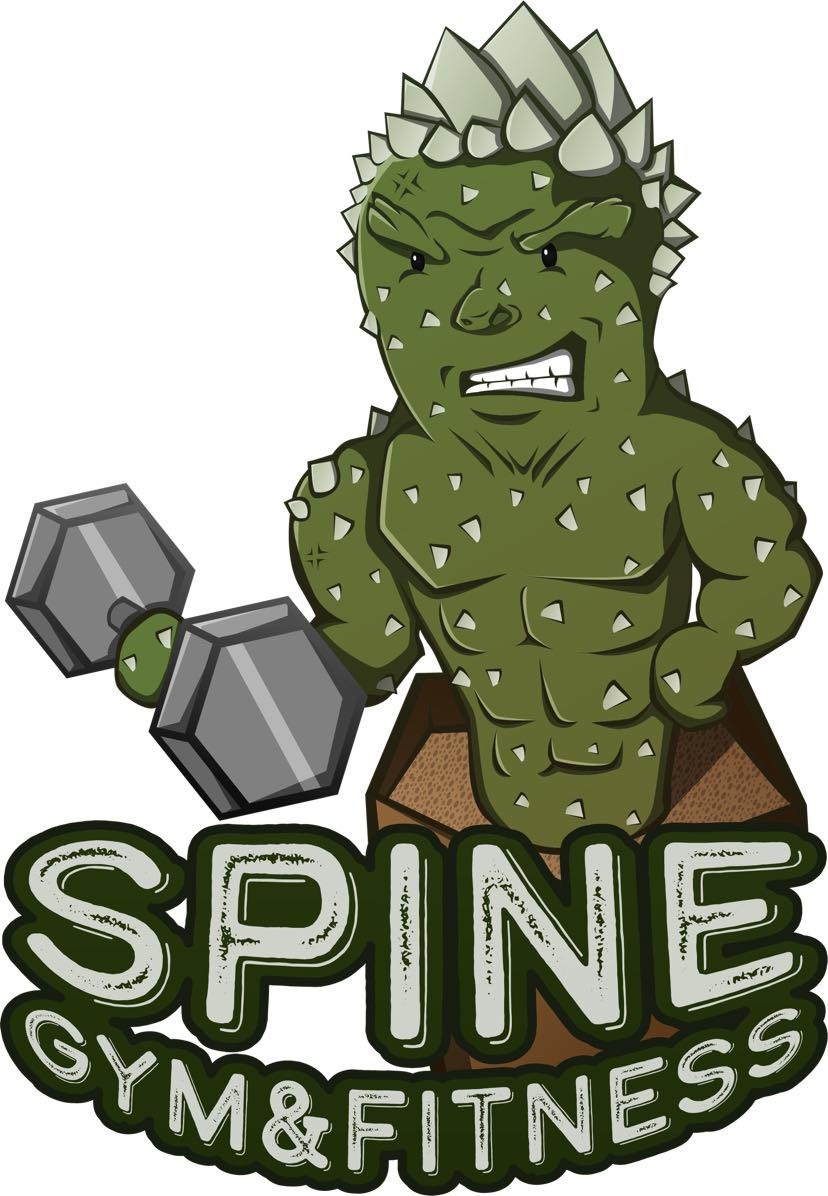 Kreskówkowy, zielony, kolczasty potwór podnosi hantle nad napisem 'SPINE GYM & FITNESS'.