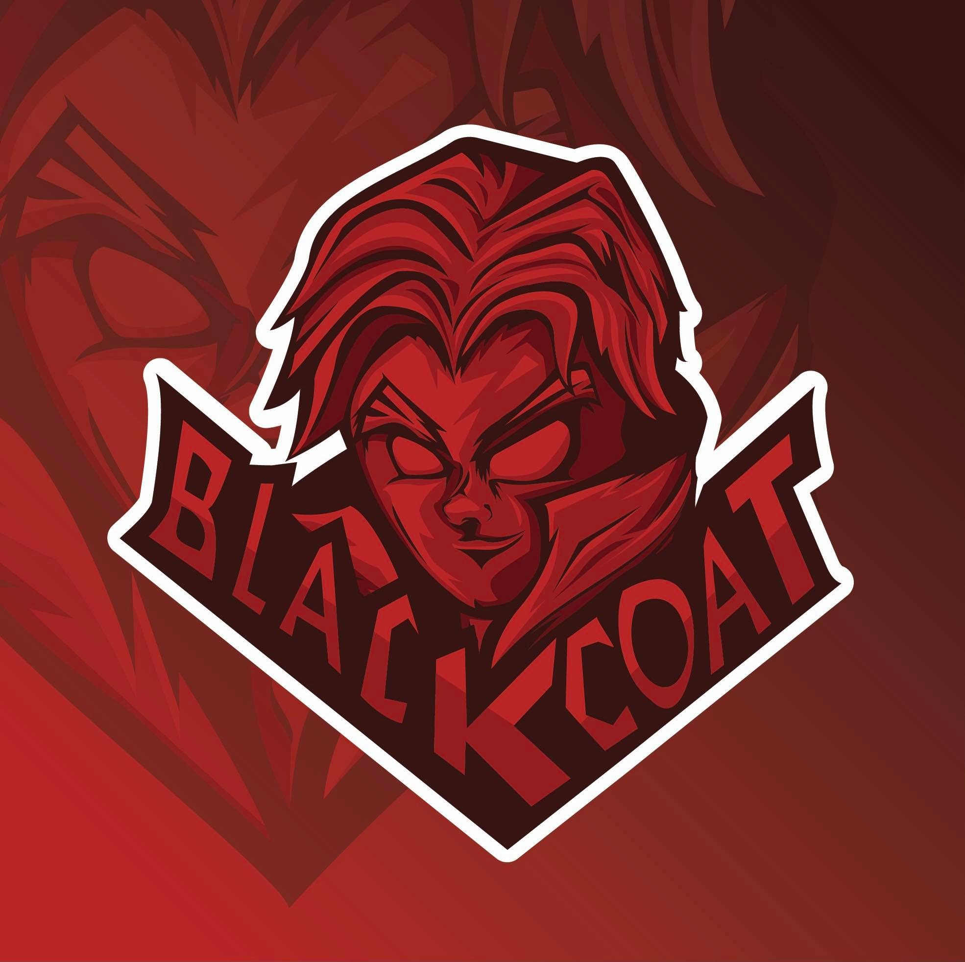 Grafika wektorowa przedstawiająca stylizowaną postać z czerwonymi włosami i złowrogim uśmiechem, otoczoną białą obwódką, z napisem 'BLACK COAT' stylizowanym w dolnej części, na czerwonym tle...