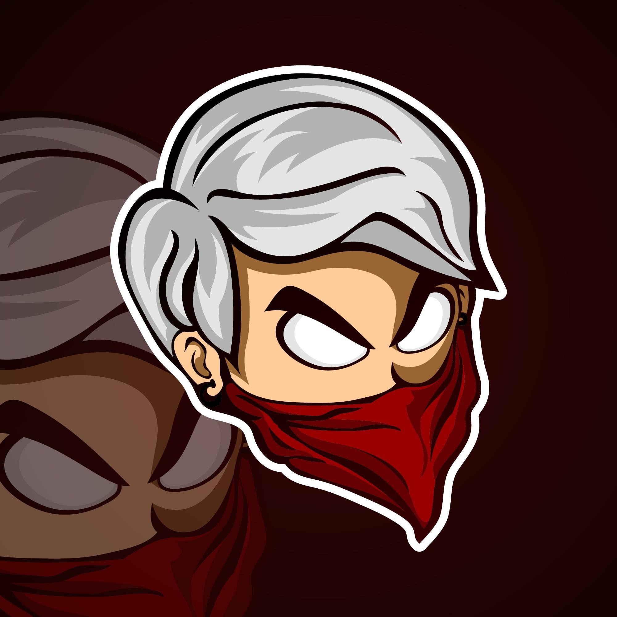 Grafika wektorowa przedstawiająca głowę postaci z siwymi włosami i czerwoną bandaną zakrywającą usta i nos na ciemnobrązowym tle.