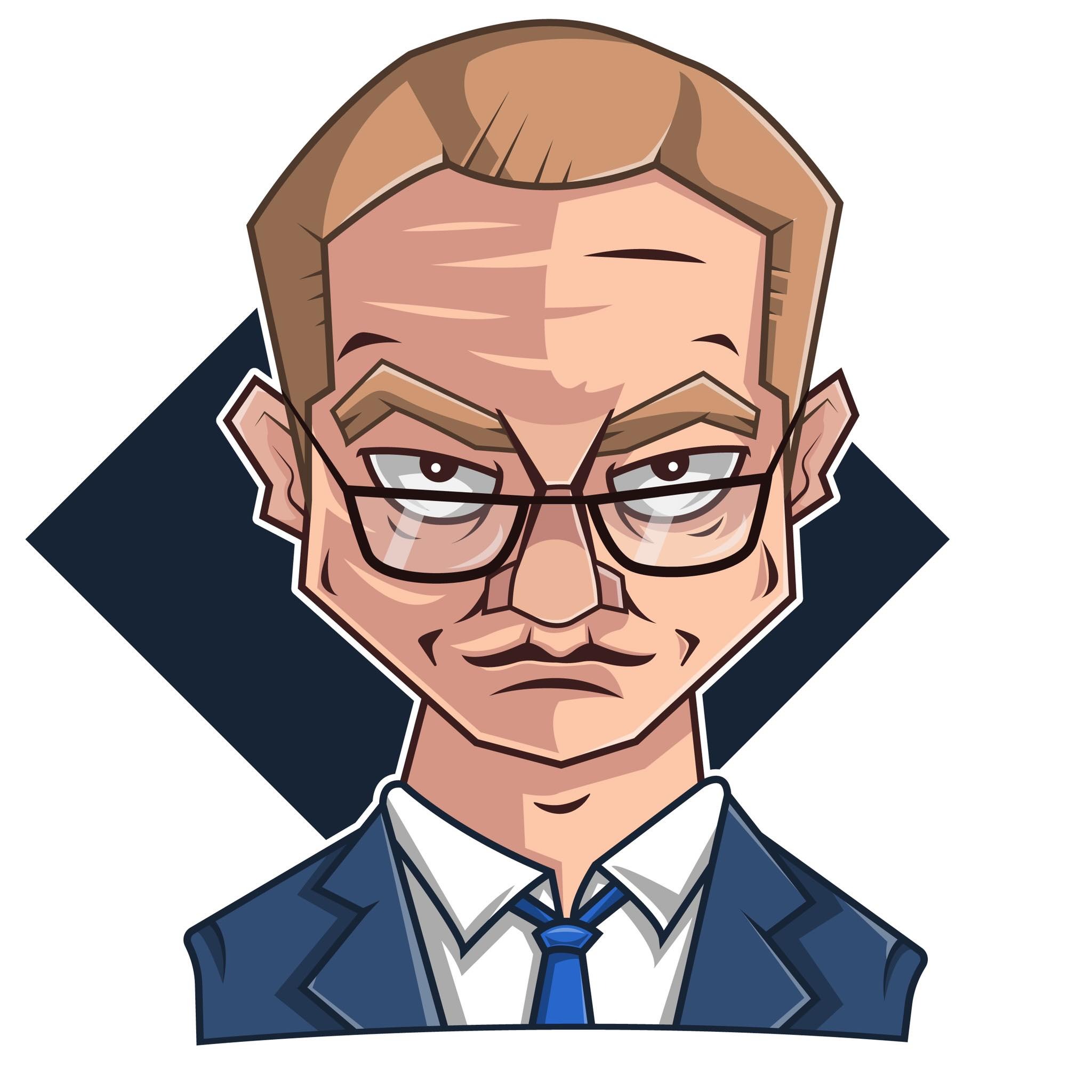 Karykatura mężczyzny w garniturze, z okularami i wyrazistym wyrazem twarzy, na tle ciemnego rombu.