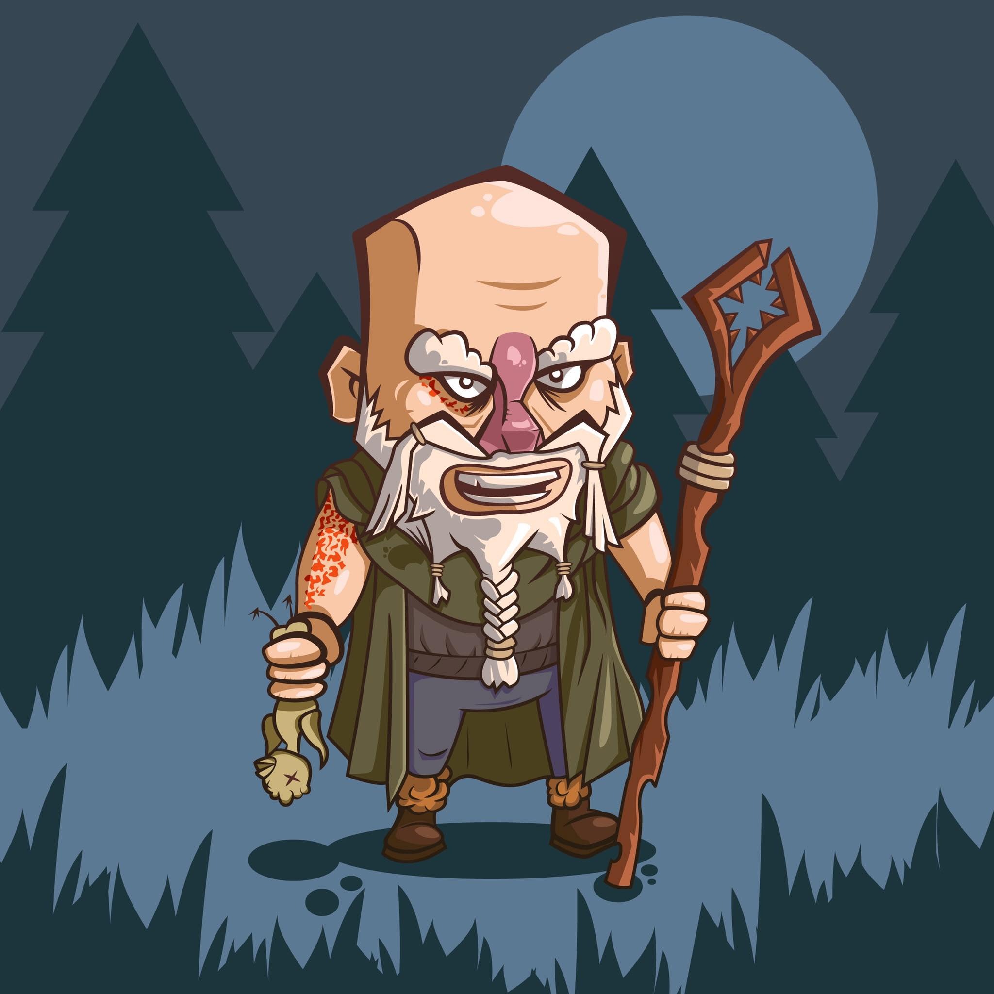 Karykaturalna ilustracja postaci czarownika z laską i odciętą ręką, stojącego na tle lasu i księżyca.