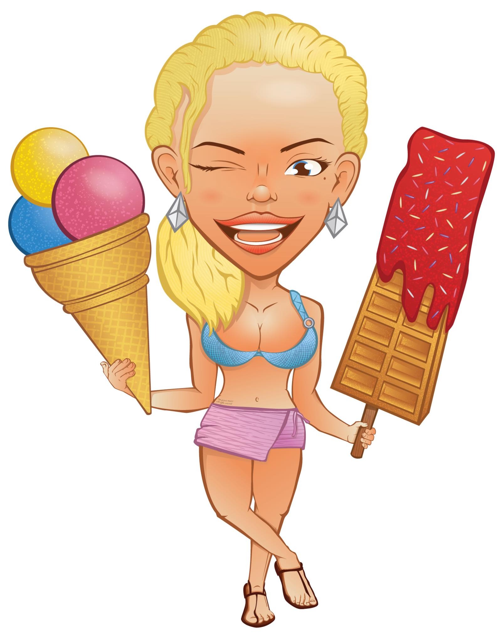 Karykatura kobiety w bikini, trzymającej lody w rożku z trzema kulkami i gofra na patyku polanego czerwonym lukrem z posypką, mrugająca okiem.