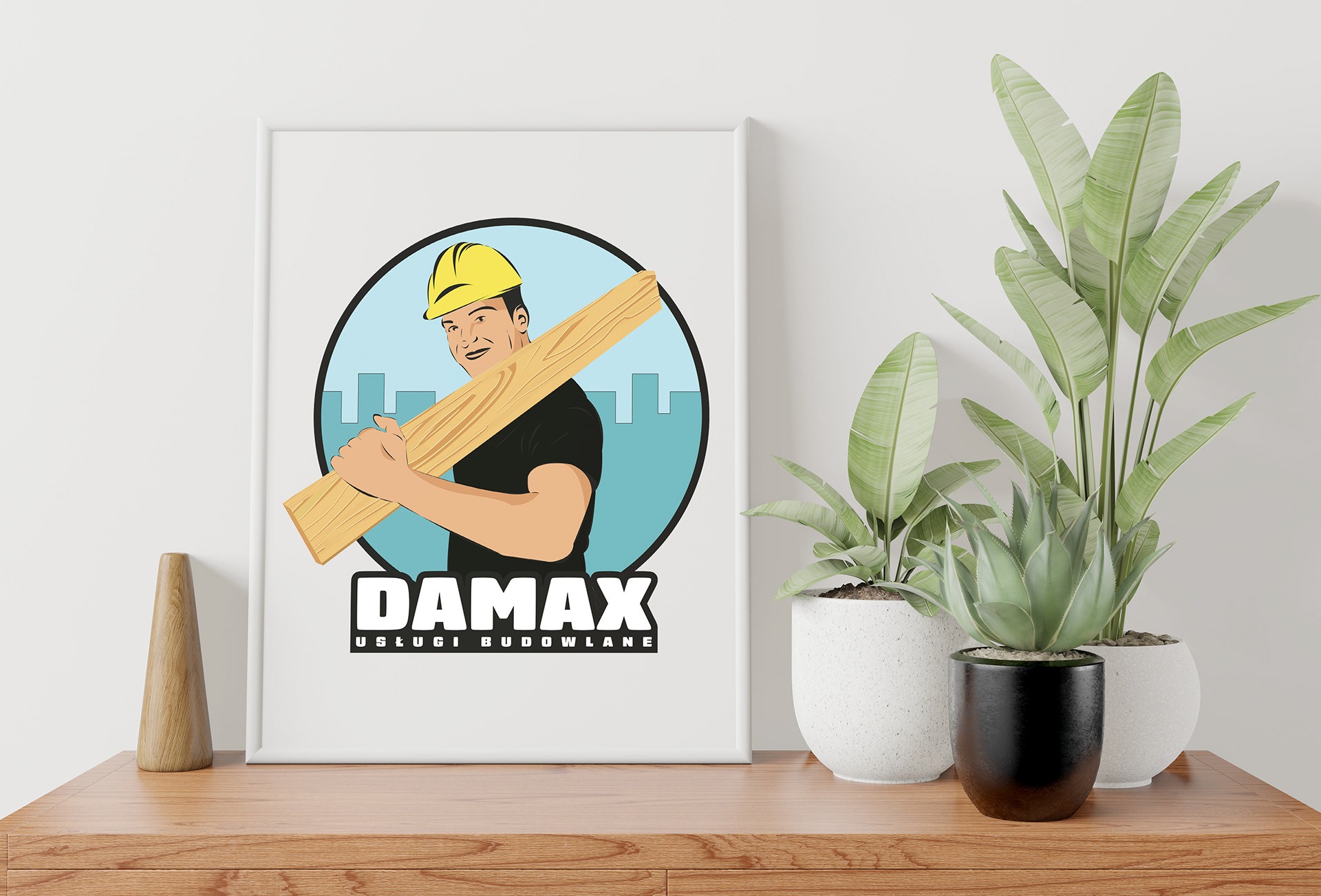 Ilustracja w ramce przedstawiająca uśmiechniętego budowlańca w kasku niosącego deskę na tle panoramy miasta, z nazwą firmy 'DAMAX Usługi Budowlane'