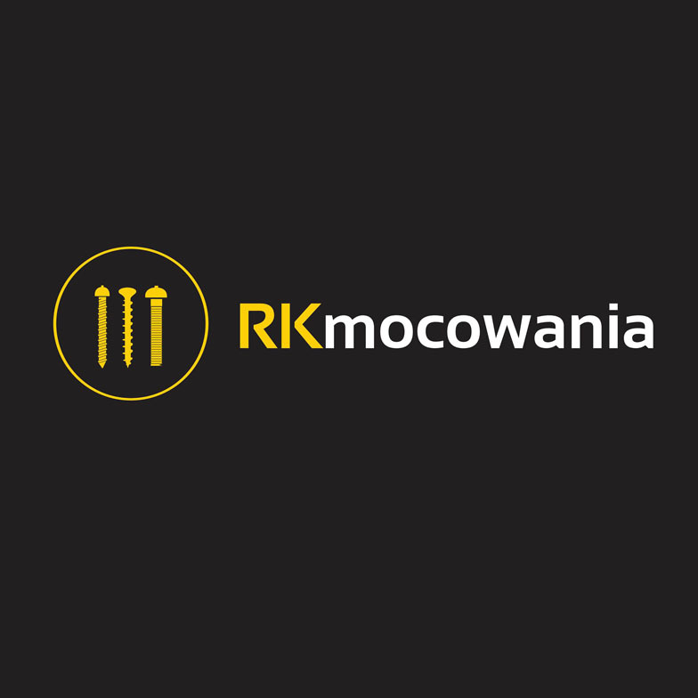 Logo firmy RKmocowania z trzema stylizowanymi wkrętami w żółtym okręgu na czarnym tle.