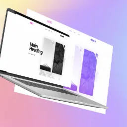 Laptop prezentujący minimalistyczny projekt strony internetowej z nagłówkiem 'Main Heading', widoczne elementy interfejsu użytkownika i kolorowe tło.