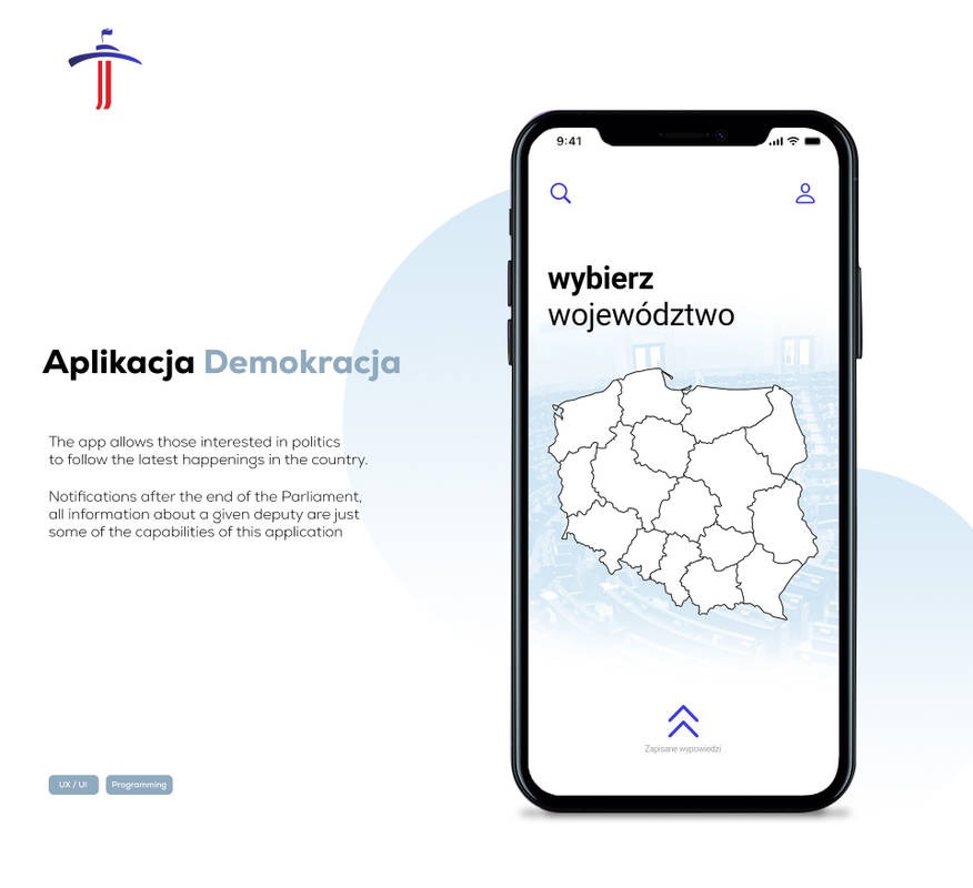 Ekran smartfona prezentujący interfejs aplikacji mobilnej 'Aplikacja Demokracja' z mapą Polski podzieloną na województwa i napisem 'wybierz województwo'.