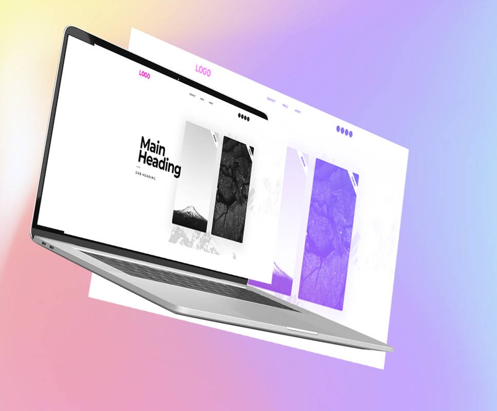 Laptop prezentujący minimalistyczny projekt strony internetowej z nagłówkiem 'Main Heading', widoczne elementy interfejsu użytkownika i kolorowe tło.