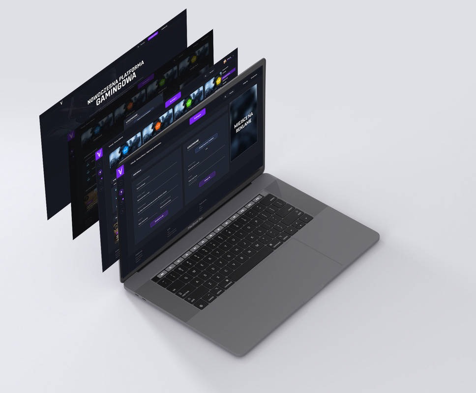 Laptop prezentujący warstwy interfejsu nowoczesnej platformy gamingowej z elementami graficznymi i tekstem 'Nowoczesna Platforma Gamingowa' oraz 'Miejsce na Reklamę' na ciemnym tle.