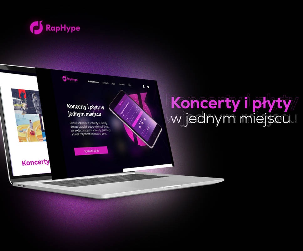 Laptop wyświetlający stronę internetową RapHype z ofertą koncertów i płyt, na drugim ekranie fragment strony z koncertami, dominująca kolorystyka fioletowo-czarna.