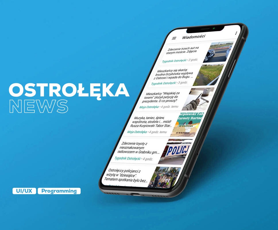 Aplikacja mobilna 'Ostrołęka News' na smartfonie, prezentująca listę artykułów informacyjnych z lokalnego serwisu, z elementami UI/UX i brandingiem.