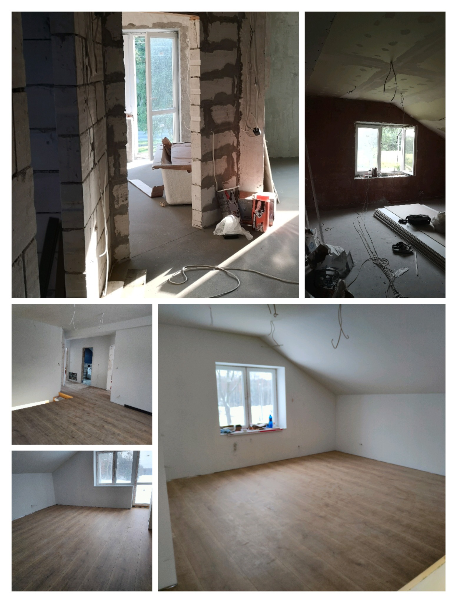Wnętrze domu w trakcie remontu, widoczne surowe ściany z betonu komórkowego, instalacje elektryczne, fragmenty podłogi oraz gotowa podłoga z paneli w pokoju na poddaszu.