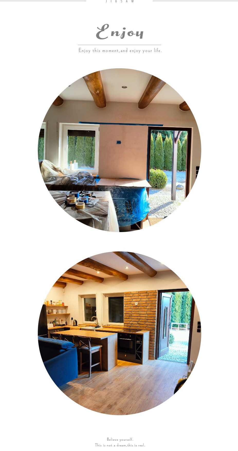 Dwa ujęcia tego samego wnętrza: górne przedstawia przygotowania do malowania ściany, zabezpieczone folią i taśmą, widoczne puszki z farbą; dolne ukazuje gotową kuchnię z wyspą, ceglaną ścianą...