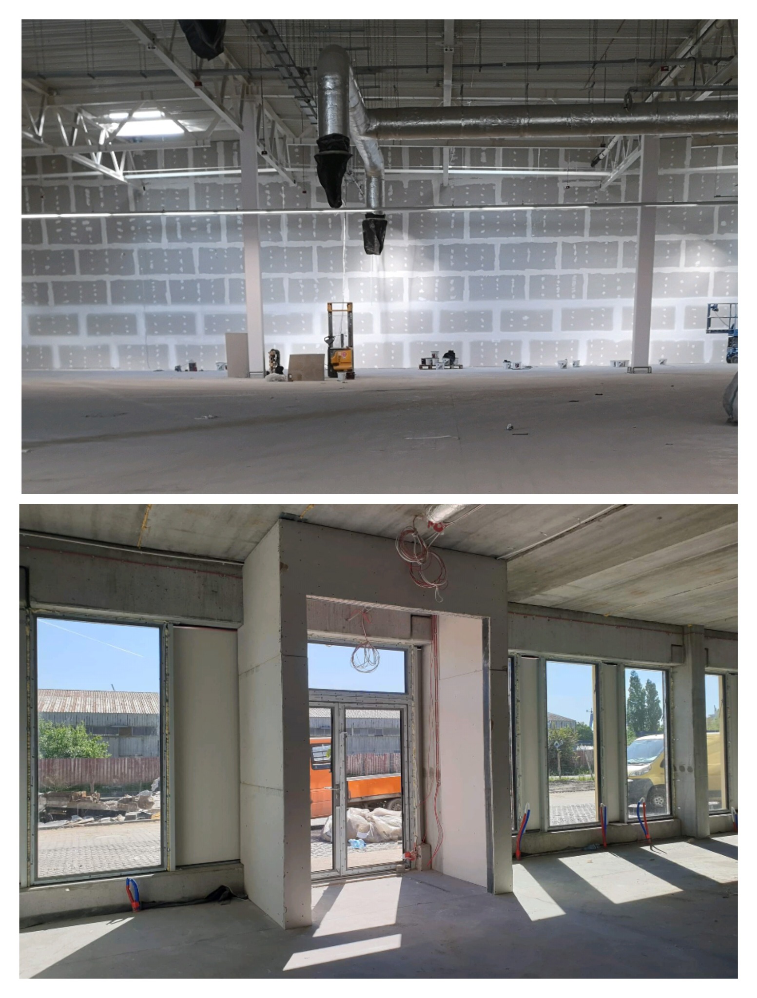 Dwa ujęcia wnętrz w surowym stanie: na górnym zdjęciu hala z widoczną instalacją wentylacyjną pod sufitem i ścianami pokrytymi płytami kartonowo-gipsowymi przed szpachlowaniem, na dolnym zdjęciu...