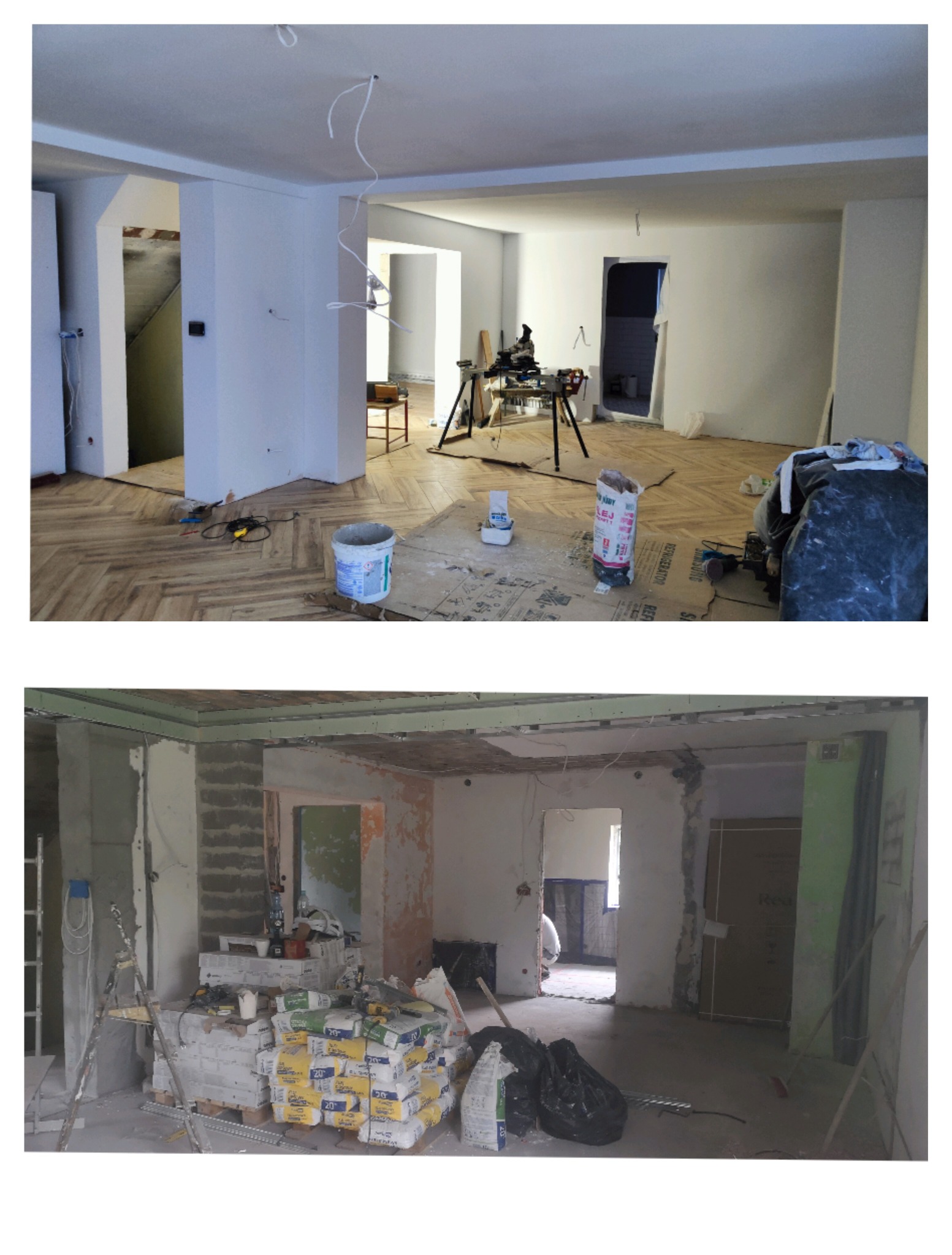 Dwa ujęcia wnętrza w trakcie remontu: na górnym parkiet w jodełkę, białe ściany, widoczne przewody elektryczne, na dolnym surowy stan, worki z zaprawą i drabina