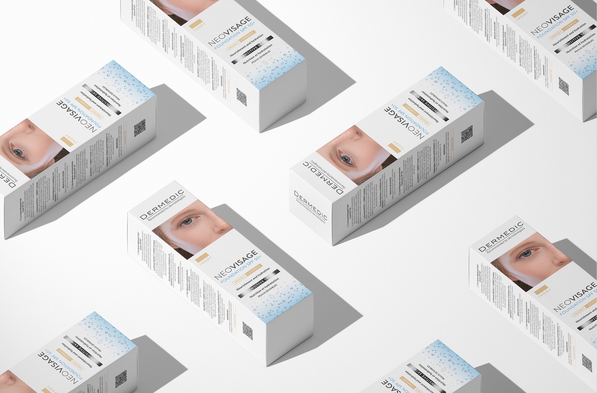 Układ kilku opakowań podkładu Dermedic Neovisage Ivory, z widoczną grafiką twarzy i informacjami o produkcie na białym tle, tworzących powtarzalny wzór.