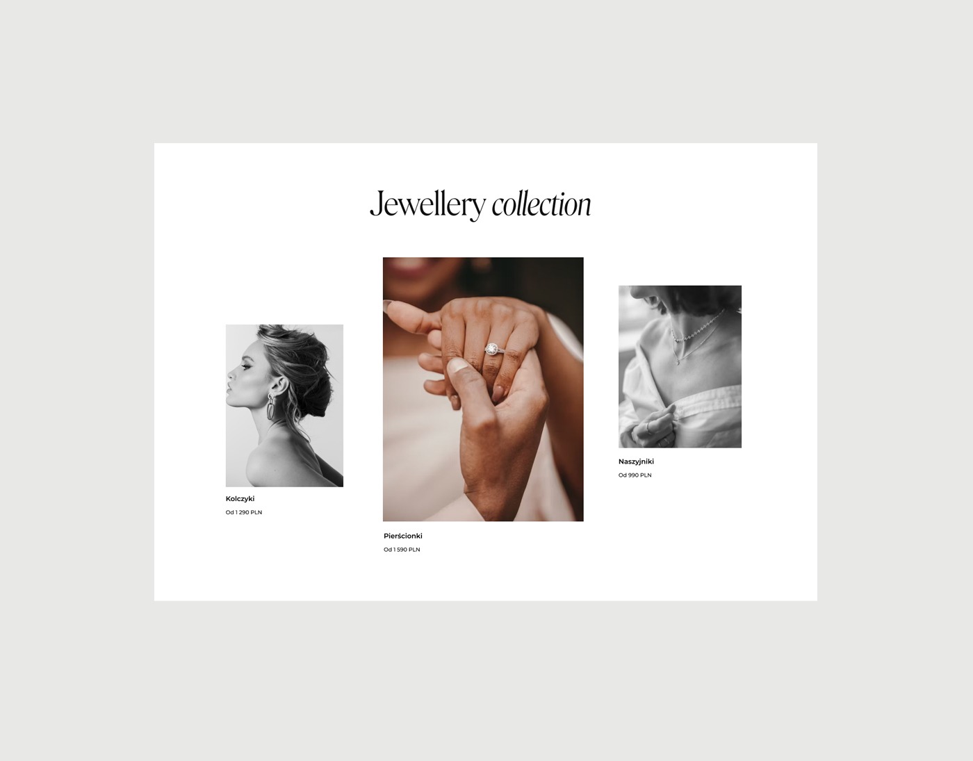 Katalog biżuterii prezentujący kolczyki, pierścionek zaręczynowy na dłoniach oraz naszyjnik na kobiecie, wszystko utrzymane w minimalistycznej stylistyce.