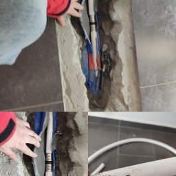 Zdjęcie przedstawia usterkę w postaci przewierconej rury (ostatnie zdjęcie) oraz usunięcie usterki