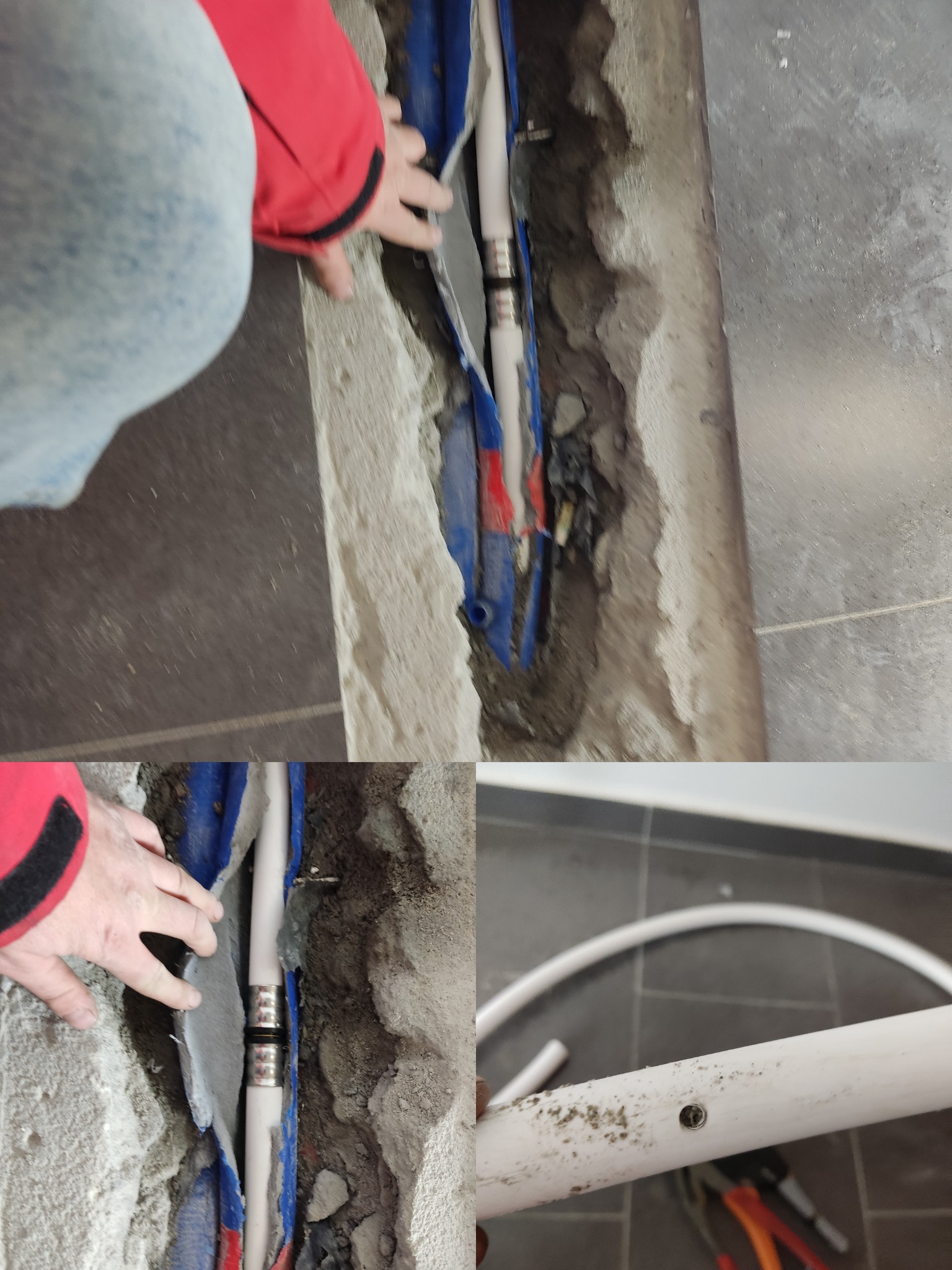 Zdjęcie przedstawia usterkę w postaci przewierconej rury (ostatnie zdjęcie) oraz usunięcie usterki