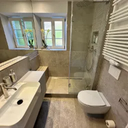 Nowoczesna łazienka z kabiną prysznicową typu walk-in, umywalką nablatową i grzejnikiem drabinkowym, wykończona płytkami w odcieniach szarości z widocznym oknem z kwiatami w doniczkach.