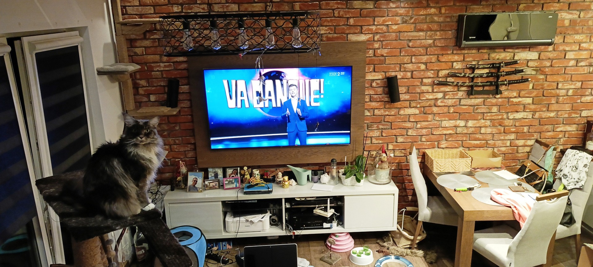 Salon z ceglaną ścianą, klimatyzatorem Rotenso Versu Mirror nad telewizorem. Na pierwszym planie kot Maine Coon siedzący na drapaku.