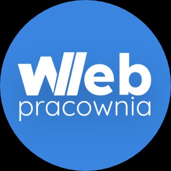 Niebieskie logo firmy 'Web pracownia' na czarnym tle, okrągły kształt.