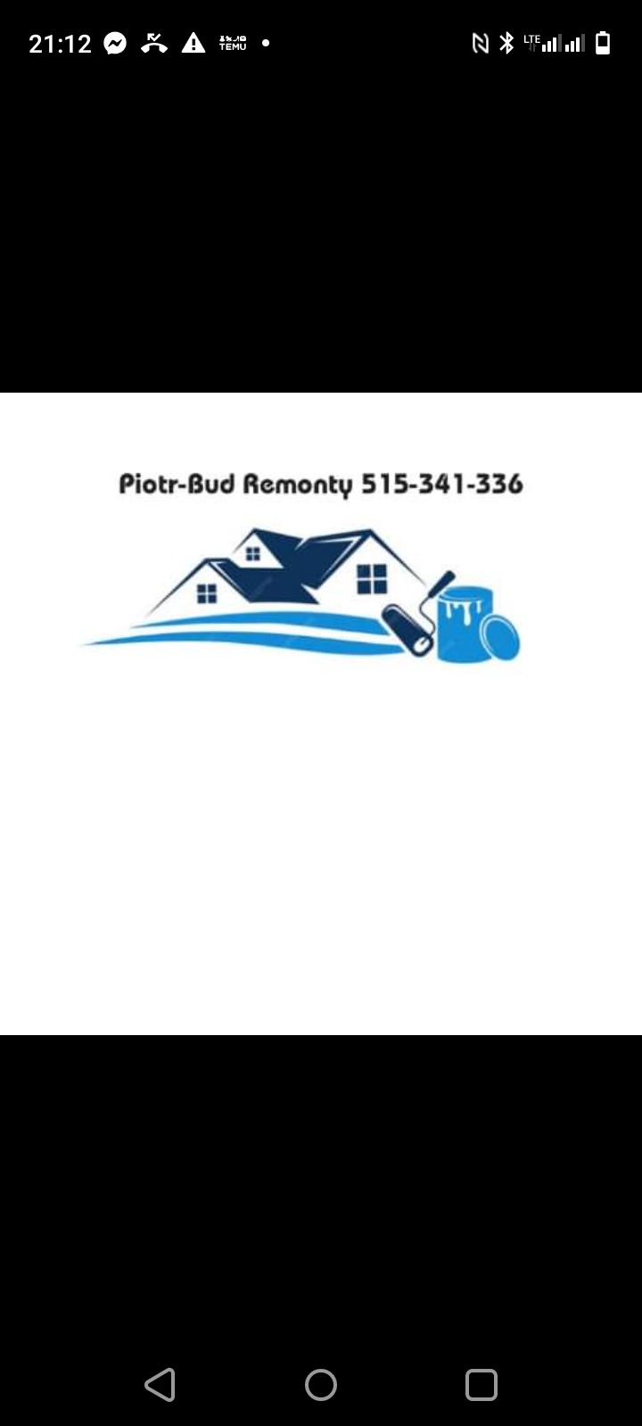 Logo firmy remontowej Piotr-Bud Remonty z numerem telefonu 515-341-336, przedstawiające domy, wałek malarski i puszkę z farbą w odcieniach niebieskiego.