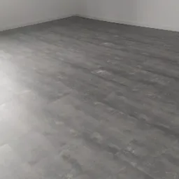 Szara podłoga z paneli imitujących beton w pustym, białym pomieszczeniu, widoczny fragment listwy przypodłogowej i gniazdko elektryczne.