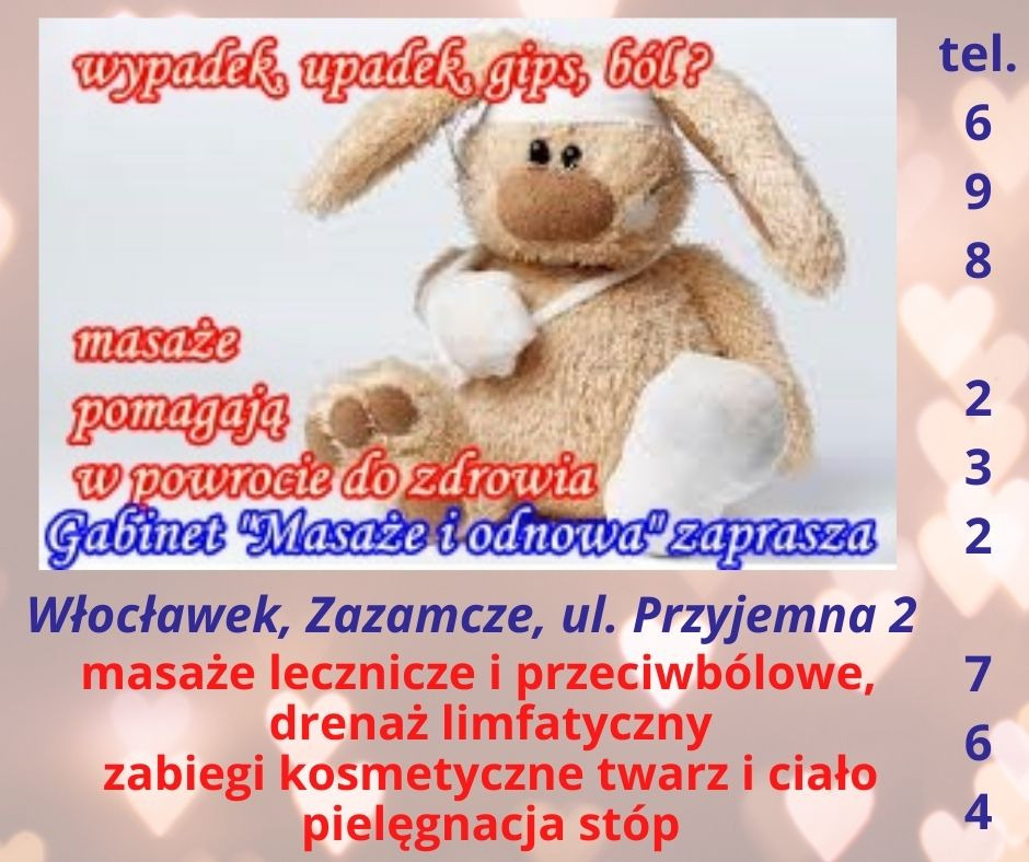 Grafika reklamowa gabinetu z pluszowym królikiem z bandażem na głowie, informująca o masażach leczniczych, drenażu limfatycznym, zabiegach kosmetycznych i pielęgnacji stóp. Zawiera adres i numer...