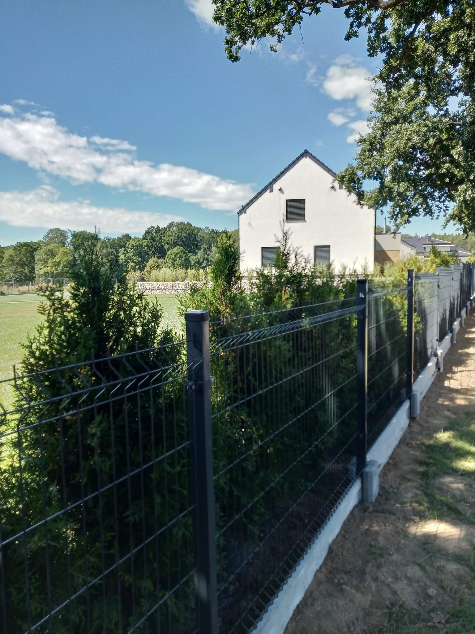Nowoczesne ogrodzenie panelowe z podmurówką betonową i metalowymi słupkami na tle domu z ogrodem