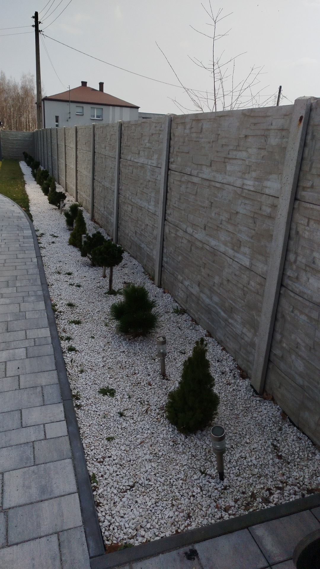 Długi, szary mur z paneli imitujących kamień, oddzielający posesję. Wzdłuż muru nasadzone małe drzewka iglaste, wysypane białym grysem, z widocznymi lampkami solarnymi. Z lewej strony kostka brukowa.