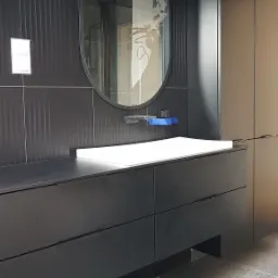 Czarna szafka łazienkowa z białym blatem i owalnym lustrem podwieszonym na tle ściany z pionowymi żłobieniami; widoczna taśma zabezpieczająca na baterii.